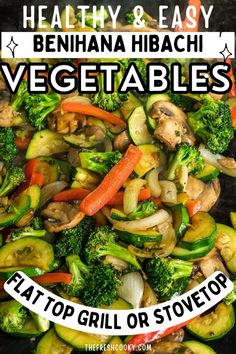 broccoli, carrots and other vegetables in a skillet with the words healthy & easy written on it