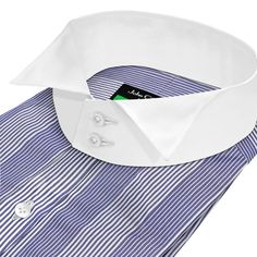 High Wing Collar 2 buttons - John Clothier Button Collar Shirt, Wing Collar, Blue And White, Stripes