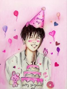 a drawing of a person with a birthday cake