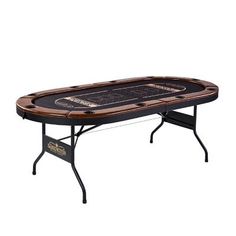 a poker table with black cloth on top and brown leather trim around the edges,