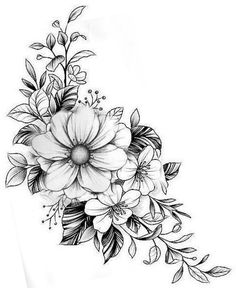 a black and white drawing of flowers