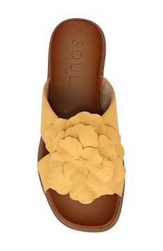 A well-cushioned footbed puts lasting comfort in every step of a fun flat sandal with an oversized flower. Synthetic upper, lining and sole Imported Best Flats, Sandal Women, Womens Slippers, Slide Sandals, Flat Sandals, Leather Shoes, Nordstrom Rack, Womens Sandals, Slides