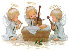 three little angels playing music together in a basket with a baby jesus and an angel