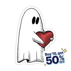 a sticker with a ghost holding a heart in it's mouth and the words buy