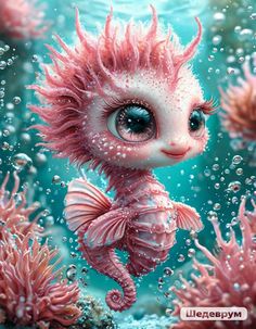 a pink seahorse with blue eyes is floating in the water surrounded by corals