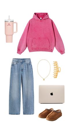 #outfitinspo #outfit #fits #fitckeck #hoodie #pink #jeans #wideleg jeans #stanley #macbook Mom Jean Outfits, Lazy School Outfit, Mom Jeans Outfit, Cute Outfits For School, Cute Preppy Outfits, Pink Jeans, Preppy Outfit, Mom Jean, Simple Trendy Outfits