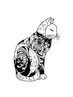 a black and white drawing of a cat with flowers on it's back legs