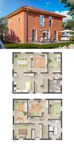 two story house plan with three floors and an open floor plan for the first level