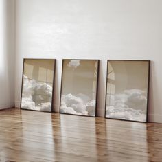 three framed pictures sitting on top of a wooden floor