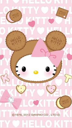 a hello kitty wallpaper with hearts and teddy bears on it's back ground