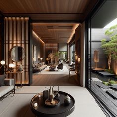 a living room filled with lots of furniture and plants on top of a wooden table