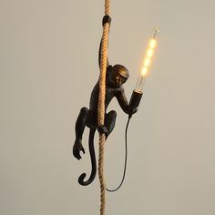 a monkey on a rope with a light bulb attached to it's back end