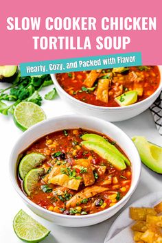 two bowls of slow cooker chicken tortilla soup with avocado on the side