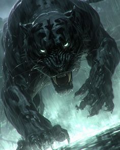 a large black tiger with green eyes in the rain