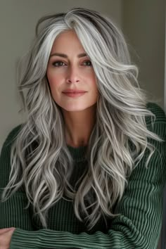 Discover the allure of balayage with long hair styles that blend seamlessly into silver. These looks for women over 50 are crafted to provide a chic and polished appearance. Highlights For Grey Hair Going Gray, Over 50 Long Hair, Styles For Women Over 50, Long Silver Hair, Long Hair Highlights, Women Haircuts Long, Older Women's Hairstyles, Balayage Blond