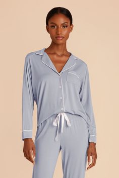 Your bridesmaids will feel like they're wrapped up in a soft, cooling cloud in this bamboo jersey pajama set. Available in Dusty Blue. Your arms and legs will thank you when they're wrapped up in our smooth, cooling bamboo jersey. | Dusty Blue Getting Ready Bamboo Size XS | Birdy Grey Jonny Long Sleeve Pajama and Pants Set Birdy Grey, Sleepwear & Loungewear, Long Sleeve Pyjamas, Birdy, Dusty Blue, Getting Ready, Pajama Set, Feel Like, Pants Set