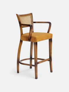 an upholstered wooden bar stool with woven seat and backrest, viewed from the front