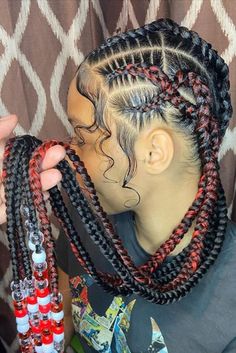 28. Freestyle Criss Cross Knotless Braids With Beads: Embrace boldness with a striking "X" pattern and a black and red color duo, making a stylish statement. Knotless Braids With Beads, Braids With Beads, Box Braids