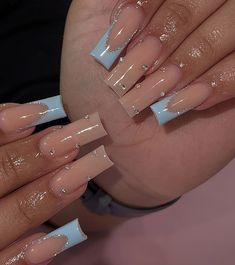 Blue Frenchies Nails, Oval Nails Inspiration, Frenchies Nails, Blue Prom Nails, Cross Nails, Baby Blue Nails, Blue Acrylic Nails, Long Acrylic Nails Coffin