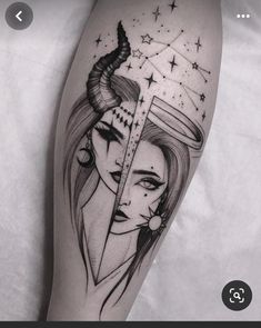 a woman's face with horns and stars on her arm, as if she is holding