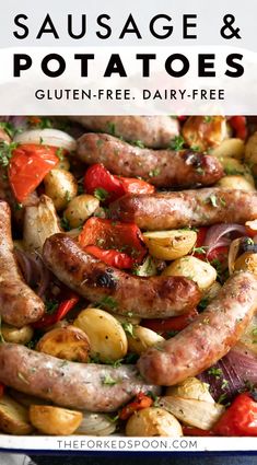 sausage and potatoes in a pan with text overlay