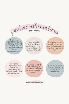 the words positive affirmations are written in different colors and sizes, including circles