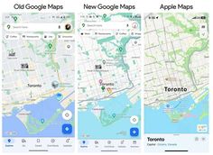 three screens showing different locations on the same page, one with google maps and the other with apple maps