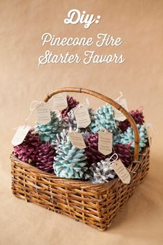 pinecone fire starter favors in a basket with the words diy on it