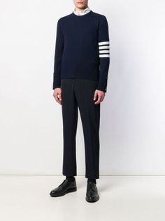 Shop Thom Browne 4-Bar cashmere jumper with Express Delivery - FARFETCH Blue Winter Sweater With Striped Cuffs, Classic Crew Neck Sweater With Striped Cuffs, Navy Fitted Sweater With Ribbed Cuffs, Fitted Navy Sweater With Ribbed Cuffs, Long Sleeve Sweater With Striped Cuffs For Work, Thom Browne Sweater, Cashmere Jumper, Navy Sweaters, Brown Sweater