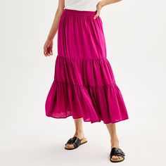 Upgrade your wardrobe with this Women's Sonoma Goods For Life® Tiered Midi Skirt.Click on this WOMEN'S GUIDE to find the perfect fit and more! Upgrade your wardrobe with this Women's Sonoma Goods For Life® Tiered Midi Skirt.Click on this WOMEN'S GUIDE to find the perfect fit and more! FEATURES A-line silhouette Tiered skirt No closure - pull-on stylingFIT & SIZING Regular fit 35-in. length Midi length hits below the knee Midrise sits on the high hip Elastic waistbandFABRIC & CARE Rayon, nylon Ma Tiered Midi Skirt, Petite Size Chart, Pink Garden, High Hips, Womens Size Chart, Tier Skirt, Bottom Clothes, Tiered Skirt, Life Size