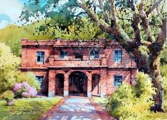 a painting of a red brick house in the woods