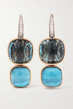 Pomellato curates the most colorful gems for its signature 'Nudo' collection. These drop earrings are adorned with London blue topaz, both seamlessly joined together in a slim, 18-karat rose gold frame. The delicate hoop is set with a cluster of diamonds for a radiant finish. Luxury Blue Topaz Earrings, Pomellato Jewelry, London Blue Topaz Earrings, White Diamond Earrings, Rose Gold Frame, Gold Topaz, Topaz Jewelry, Blue Topaz Stone, Blue Topaz Earrings