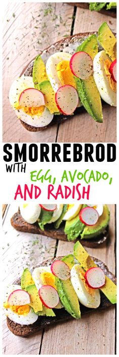 an egg and radish sandwich is shown with the words smorebrod