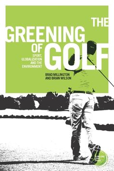 a man walking across a field with a golf club in his hand and the words, greening the golf