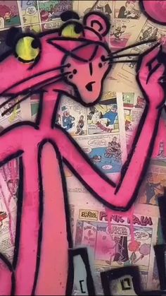 a drawing of a pink cat holding a tennis racket in front of newspaper clippings