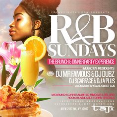 a flyer for the r & b sunday's featuring orange juice and croissants