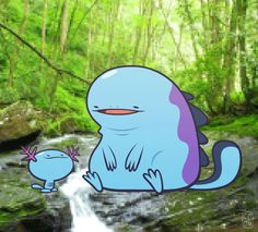 a blue and purple cartoon character sitting next to a small stream in the woods with trees