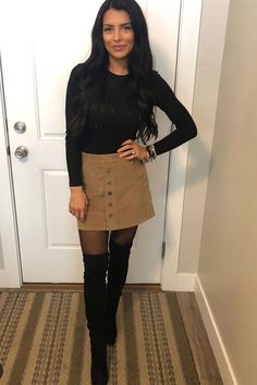 Brown Button Skirt Outfit, Over Knee Boots Work Outfit, Brown Skirt Black Top Outfit, Tan Over The Knee Boot Outfit, Above The Knee Boots Outfits, Brown Skirt Outfit, High Heel Boots Outfit, Button Down Mini Skirt