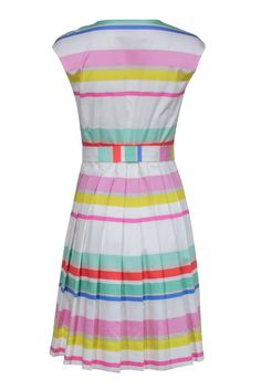 When the temperature rises, ditch your winter wear and rock this Kate Spade rainbow stripe dress. This colorful and fun summer dress has a timeless cut and fit, featuring a button front bodice and pleated skirt. Pair this with a classic pump for work or a platform wedge for Sunday brunch. Size 4 98% Cotton, 1% Elastane Unlined Cap sleeve shoulder Button front bodice Invisible side zipper Waist sash Pleated skirt bottom Bust 34" Waist 28.5" Shoulder to waist 37.5" Spring Dresses With Vertical Stripes In Multicolor, Spring Multicolor Striped Dresses, Multicolor Dress With Vertical Stripes, Multicolor Vertical Stripe Dress, Summer Striped Pleated Dress, Pleated Striped Dresses For Spring, Best Summer Dresses, Waist Sash, Classic Pumps