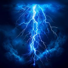 a lightning strike in the night sky with clouds and dark blue skies behind it, all lit up by bright lightening