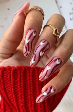 Valentines Day Nails White Heart, Unique Valentines Nails Simple, Red Valentine Nail Designs, Abstract Valentines Nails, Valentines Day Nails Almond Shape, Edgy Valentines Nails, Feb Nails, Hearts Nail Art