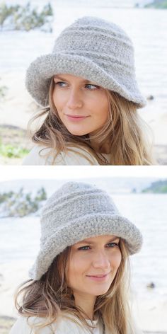 two photos of a woman wearing a gray hat and smiling at the camera with her hair blowing in the wind