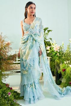 Blue Ruffle Saree, Mermaid Saree, Cinderella Fashion, Ruffled Saree, Long Blouse Designs, Printed Organza, Floral Print Sarees, Draping Fashion