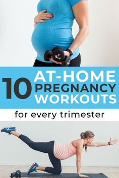 pregnant women doing exercises with dumbbells and exercise balls in front of the words, at - home pregnancy workouts for every trimer