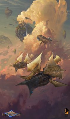 a painting of ships floating in the sky