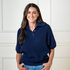 Our charming short sleeve spread collar sweater is an effortless fall silhouette that layers easily over a tee and some jeans. Knit in soft organic cotton that feels soft against the skin. Features a versatile spread collar with faux leather buttons and a lofty cardigan stitch. A refined look that you'll want to wear all season long. Fall Silhouette, Fall Sweaters For Women, Navy Cardigan, Collar Sweater, Beige Sweater, Romper Dress, Wool Blend Sweater, Sweater And Shorts, Knitwear Women