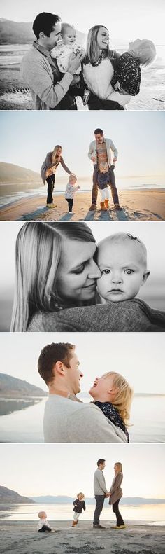 a couple kissing on the beach with their baby