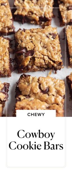 chewy cowboy cookie bars with chocolate chips on top and the title overlay reads chewy cowboy cookie bars