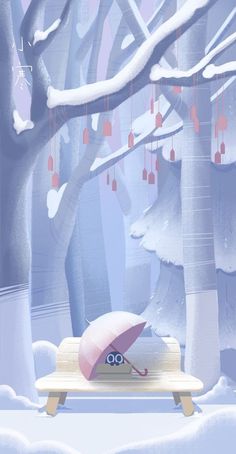 an illustration of a pink umbrella sitting on a bench in front of snow covered trees