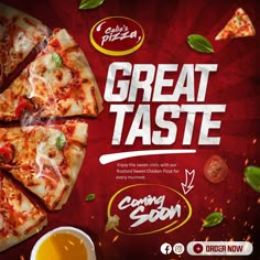 a pizza advertisement with slices of pizza on the side and sauces in front of it